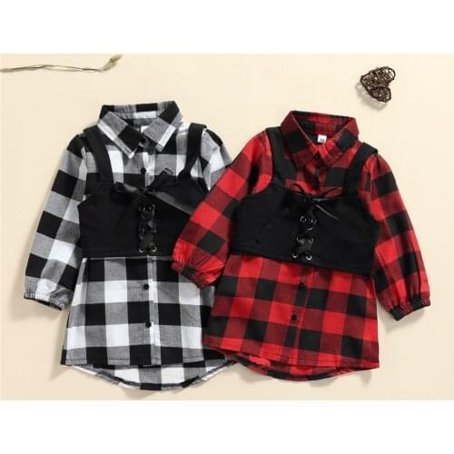 2021 1-6Y Fashion Kids Baby Girl Clothes Set Plaid Print Long Sleeve Button Long Shirt Long Dress+Bandage Vest Spring Fall 2pcs