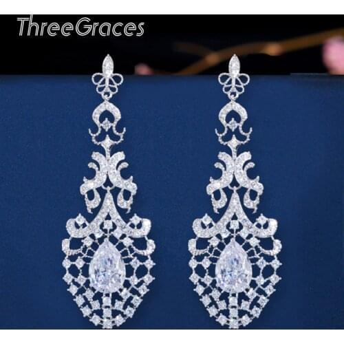 ThreeGraces 2020 Vintage Clear White Cubic Zirconia Long Big Chandelier Drop Bridal Wedding Earrings Costume Jewelry ER374