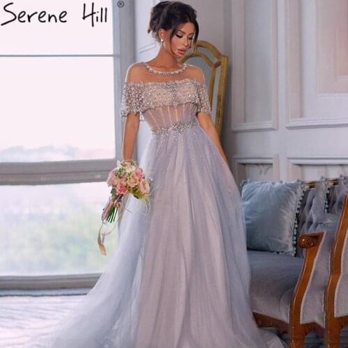 Blue O-Neck Diamond Sequins Sexy Evening Dresses 2020 Short Sleeves A-Line Formal Dress BLA70352