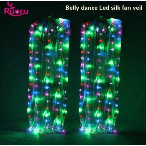 Ruoru Carnival Belly Dance LED Silk Fan Veils Colorful Stage Props Performance costumes Light up LED Rainbow Silk Fan Veil