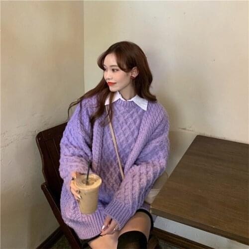 Candy Color Winter Pullover Sweater Argyle Maid Keep Warm With Thick Clothes Loose Knit Coat Languid is Lazy Wind Medium Style