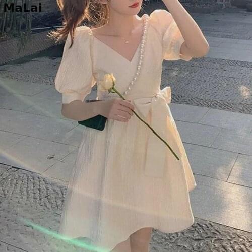 V-Neck One Piece Dress Korean Elegant Vintage Mini Dress Female 2021 Summer Women Short Sleeve Kawaii Sweet Fairty Party Dress