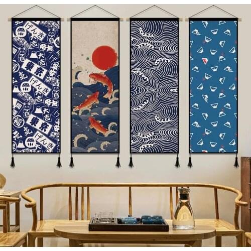 Japanese Ukiyoe Wall Art Hanging Scroll Canvas Paintings Poster Wave Fish Crane Pictures for Living Room Bedroom Decor Aesthetic