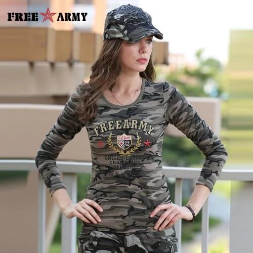 Brand Casual Long Sleeve T-shirts O-neck Women Military T-shirt Army Green Camo Tee Shirt Cotton Tops Tees Female Large Size