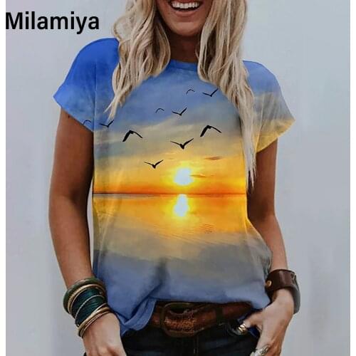 Womens Summer Landscape Printed Short Sleeved Round Neck T Shirt Casual Loose Plus Size Ladies Fashion Tops Plus Size S-2xl