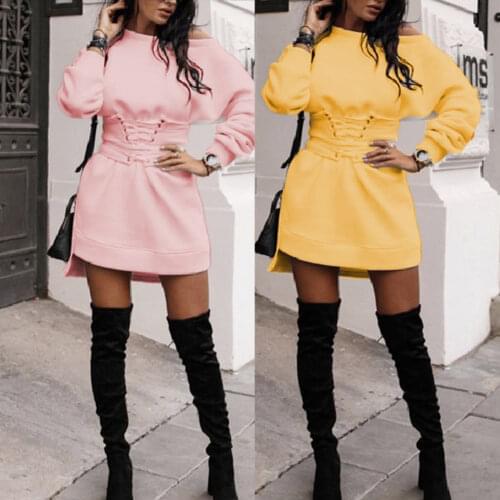 Women Hoodies Fashion Autumn Long Sleeve O Neck Waist Tight Bandage Sweatshirt Dress Autumn Elastic Ladies Sweatshirts Dress