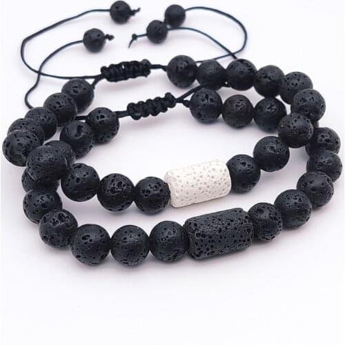 Women Men Couple White Black Bracelet Lava Stone Black Beads Buddha Yoga Braided Strand Lover Friendship BraceletJewelry