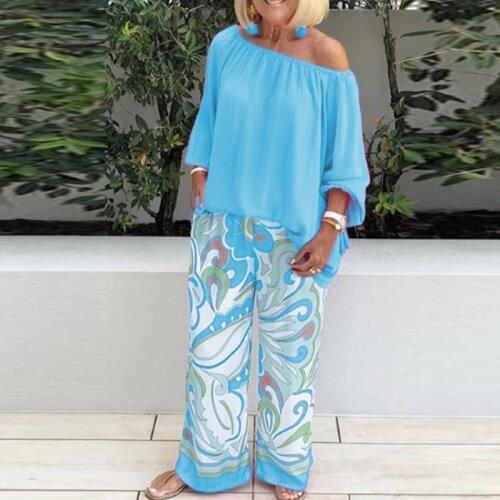 Vintage Pattern Printed Harajuku Women Sets Elegant Slash Neck Top Pullover and Loose Long Pants 2021 Spring Summer 2pcs Outfits