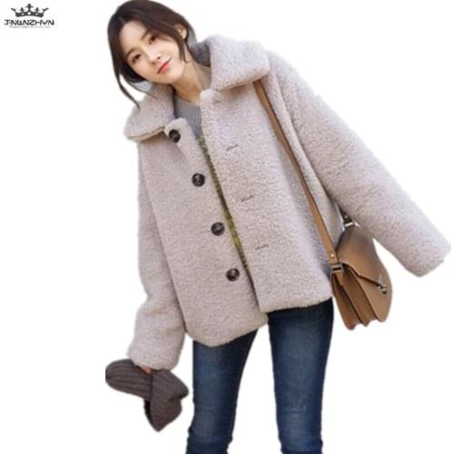 2019 Autumn Winter Loose Woolen Coat Female Lambswool Short Outerwear Thicken Warm Woolen Coat Jacket Student Casual Women Coat