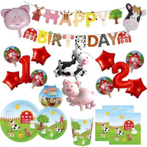 1Set Farm Animal Theme Foil Inflatable Balloons Happy Birthday Party Decoration Kids Birthday Plate Cup Napkin Banner Wrapper