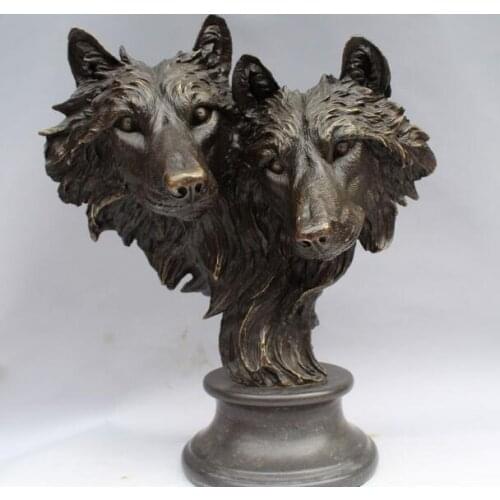 15" Bronze Animal Unity and Brave Two Wolf Head Rare Realistic Sculpture Statue
