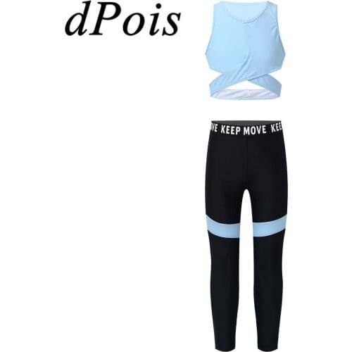 2Pcs Kids Girls Tracusuit Sweatsuit Gymnastics Dancewear Top Color + Block Pants Kids Ballet Gym Outfits Sport Clothes Yoga Set