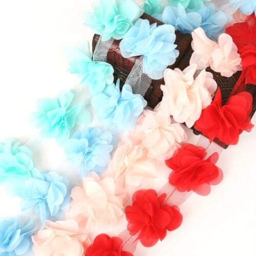 2yard 24pcs 60mm Flowers 3D Chiffon Cluster Flowers Lace Dress Decoration Lace Fabric Applique Trimming DIY Sewing Supplies