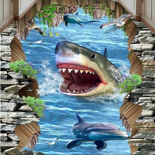 Beibehang 3D floor wallpaper marine world shark 3D stereo outdoor painting floor vinyl floor waterproof self-adhesive wallpaper