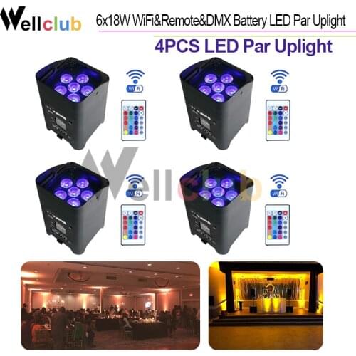 4PCS Wireless DMX Battery Power RGBWA UV 6 IN 1 LED Par Can light with Wifi & Remote for Wedding uplights Stage Lighting