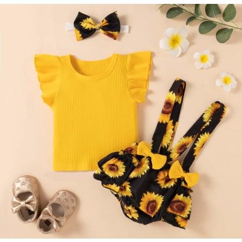 #57 0-24 Month Infant Girl Clothes Summer Solid Sleeveless Top Floral Print Pants Headwear Suit Clothes Girls Boutique Outfits