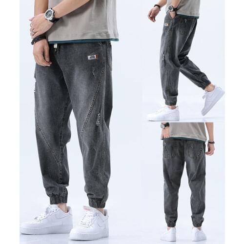 Jeans For Men Loose Cropped Pants Ankle Banded Trousers Stretch Korean Fashion Patchwork Jeans Mens Denim Jeans