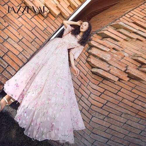JAZZEVAR 2021 Summer New Womens Floral Printing Chiffon Dress Elegant Lady X-long Large Hem Sweet Girls Maxi Dresses