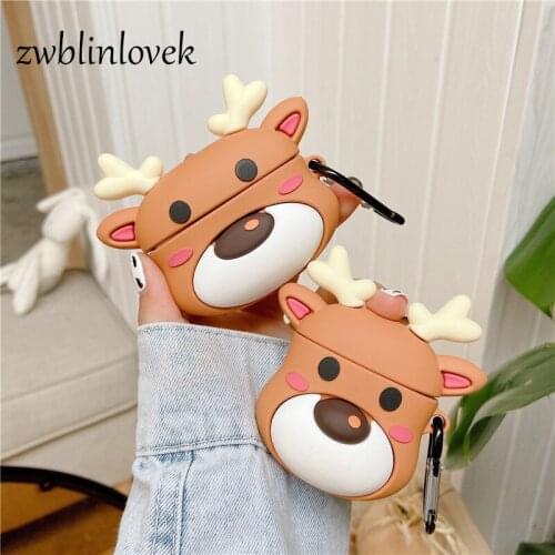 Cute cartoon christmas elk deer animal 3d case for airpods 1 2 pro soft silicone case wireless bluetooth headset protect cover