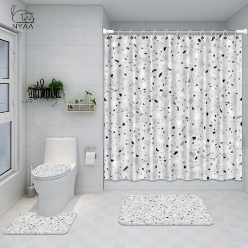 Colorful Stones Bathroom Set Black Terrazzo Marble Gray Abstract Waterproof Modern Shower Curtain Toilet Cover Mat Non Slip Rug