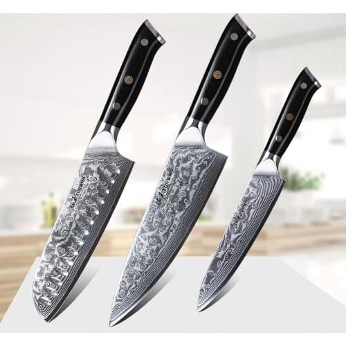 TURWHO High Quality 3 Pieces Damascus Steel Kitchen Set Knives Japanese Santoku Utility Chef Knife Stainless Steel Cooking tools