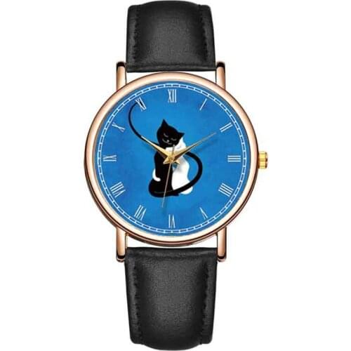 New Fashiom Casual Interesting Lovely Cat Blue Face Watches Women Wrist Watch Lady Genuine Leather Quartz Movement Clock