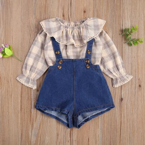 Pudcoco Newborn Baby Girl Clothes 2Pcs Outfits Casual Long Sleeve Ruffle Collar Plaid Print Pullover Short Suspender Pants Baby