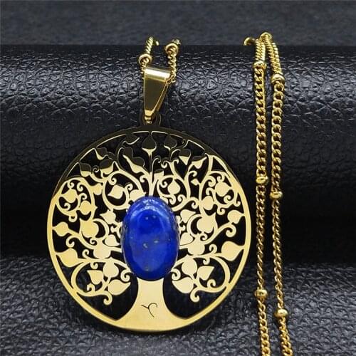 Boho Round Stainless Steel Lapis Lazuli Tree of Life Necklaces Charm Women Gold Color Necklace Jewelry collier inoxydable N11S05