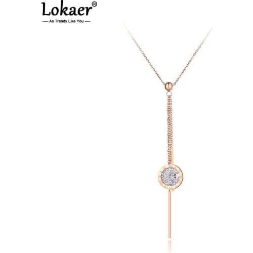 Lokaer Original Design Titanium Steel Roman Numerals Tassel Necklaces Jewelry Rhinestone Pendant Chain Necklace For Women N19076
