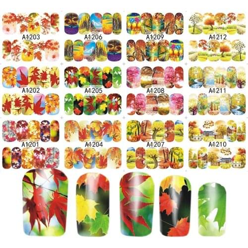 12pc/sheet Transfer Water Stickers Decal Flower Maple Autumn Natural Pattern Sticker Wrap Tattoo Manicure Art Sticker Decoration