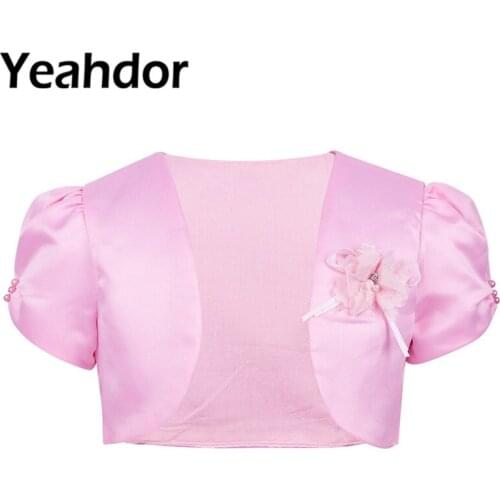 Flower Girl Dress Short Sleeve Beads 3D Flower Satin Bolero Open Front Short Cardigan Wedding Baby Girls Cover Up Kids Jacket