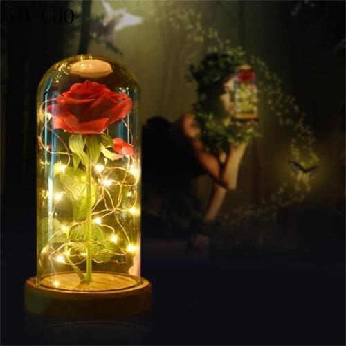 YO CHO Christmas Decor Valentine Gift 24K Gold Foil Rose LED Light Glass Dome Silk Flower Home Decor Scene Layout Forever Rose