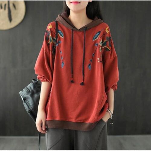 Cotton-containing Hooded Embroidery Plus Size Sweater Early Autumn Women 2021 New Retro Art Loose Hedging Casual Ladies Top s305