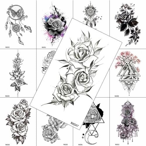 Line Painting Black Flower Temporary Tattoos Realistic Sticker For Women Fake Waterproof Tattoo Body Art Chest Minimalist Tatoos
