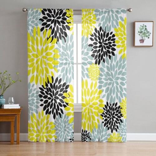 Yellow Dahlia Geometry Sheer Curtains for Living Room Bedroom Kitchen Tulle for Windows Voile Drapes Home Decoration