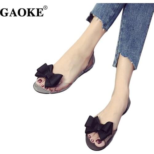 2019 Summer New Favolook Women Bow Flower Jelly Beach Casual Sandals Flip Flops Flat Shoes Fashion Clear Sandals Red Black Shoes