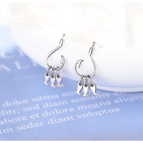 High Quality 925 Sterling Silver Fishhook Charm Earrings Three Fish Studs Earring Women Girl Ladies Jewelry Wedding Gift