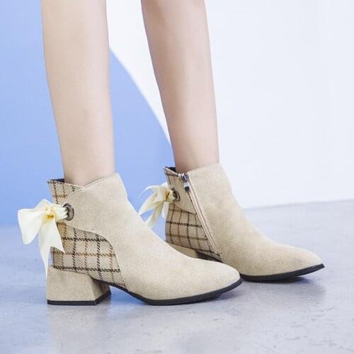 2020 Spring Women Ankle Boots Fashion lattice Sweet style Short Boots Thick Heel Ribbon Tie With Suede shoes Women mujer U22-02