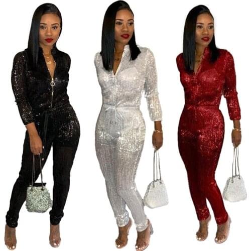 Echoine Sexy Nightclub Waist Zipper Sequined Jumpsuit Women Fashion Clothes V-neck Office Lady Romper Drop Shipping