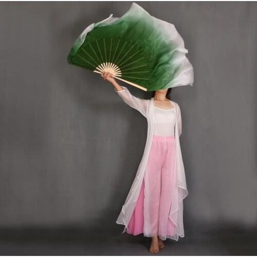 New Customized Dark Green White Gradient Belly Dance Fan Real Silk Veils Pair Half Circle Dual Layers Women Dance Fan Props