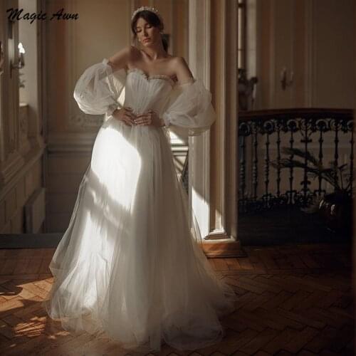 Magic Awn Off The Shoulder Beach Wedding Dresses Long Sleeves Lace Appliques Beaded Simple Boho Princess Mariage Gowns Sukienka