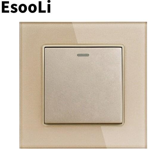Esooli Gold Push button switch Luxury Crystal Glass Panel 1 Gang 1 Way Wall Light Button Switch On / Off Wall Switch 16A 250V