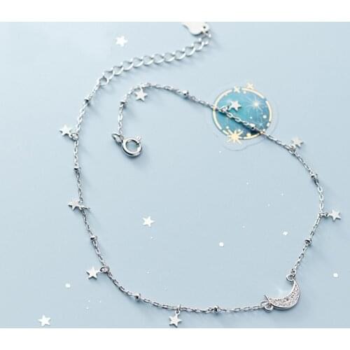 100% Real 925 Sterling Silver Star Moon Anklets Fashion Ankle Bracelets Foot Chains for Women Girls Summer Jewelry