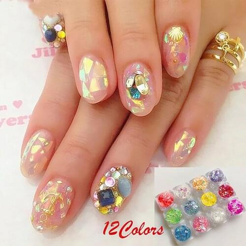 12pcs/set Irregular Manicure 3D Acrylic Cameo Crushed Sea Shell Glitter Powder Nail Art Ice Mylar Foil Paper 12 Mix Colors