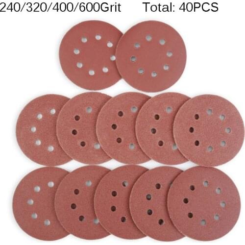 40pcs 125mm 5" Hook Loop Sanding Paper With 8 Hole Sand Pads Set 240-600Grit Sander Disc Abrasives for Polish Machine