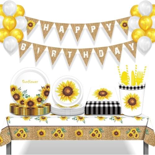 White Summer Sunflowers Baby Shower Party Disposable Tableware Sets Plates Cups Napkins Balloons Globos Birthday Party Decors
