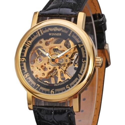 Fashion Winner Brand Mens Watch Hand-wind Mechanical Skeleton Leather Strap Roman Number Casual Fashion Wristwatch Color Black