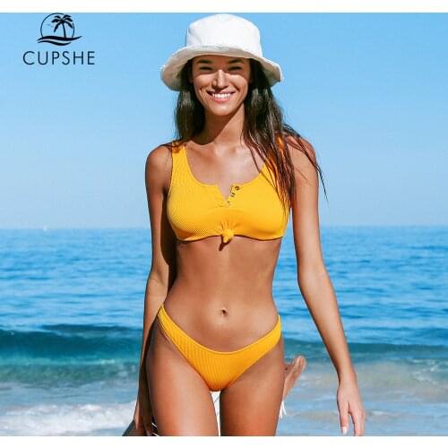 CUPSHE Ribbed Knotted Crop Tank Bikini Sets Swimsuit For Women Sexy Yellow Two Pieces Swimwear 2021 Summer Beach Bathing Suits