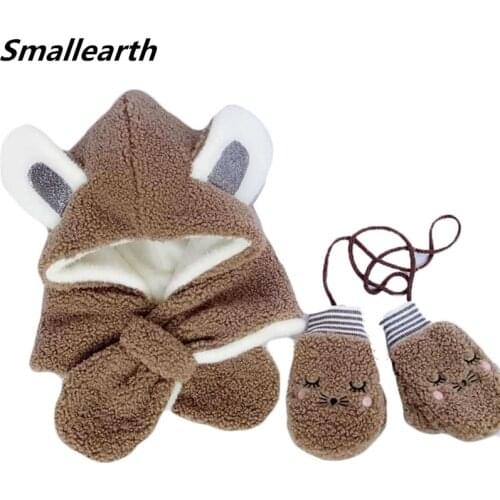 New Winter Thick Baby Hat with Hood Scarf Cute Bear Ear Kids Warm Plush Beanies Cartoon Baby Hats Caps Children Hat Gloves Set