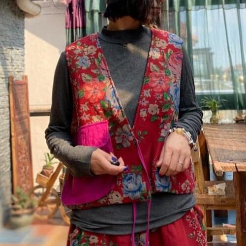 FairyNatural Ladies Retro Cotton Print Flowers Vests V Neck Pocket Women Chinese Style Sleeveless Coats 2021 Winter